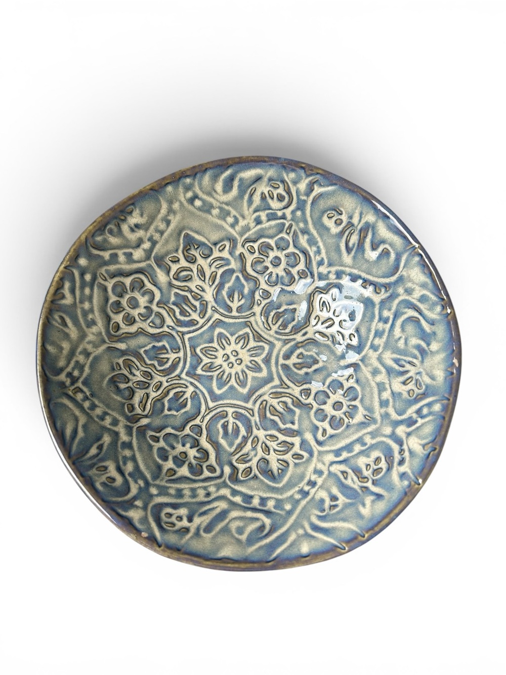 Blue Green Handmade Embossed Ceramic Floral Paisley Decorative Bowl